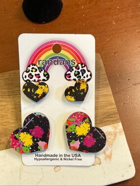 Randans Kids Black Splatter Heart Stud Earring Set - Multicolor